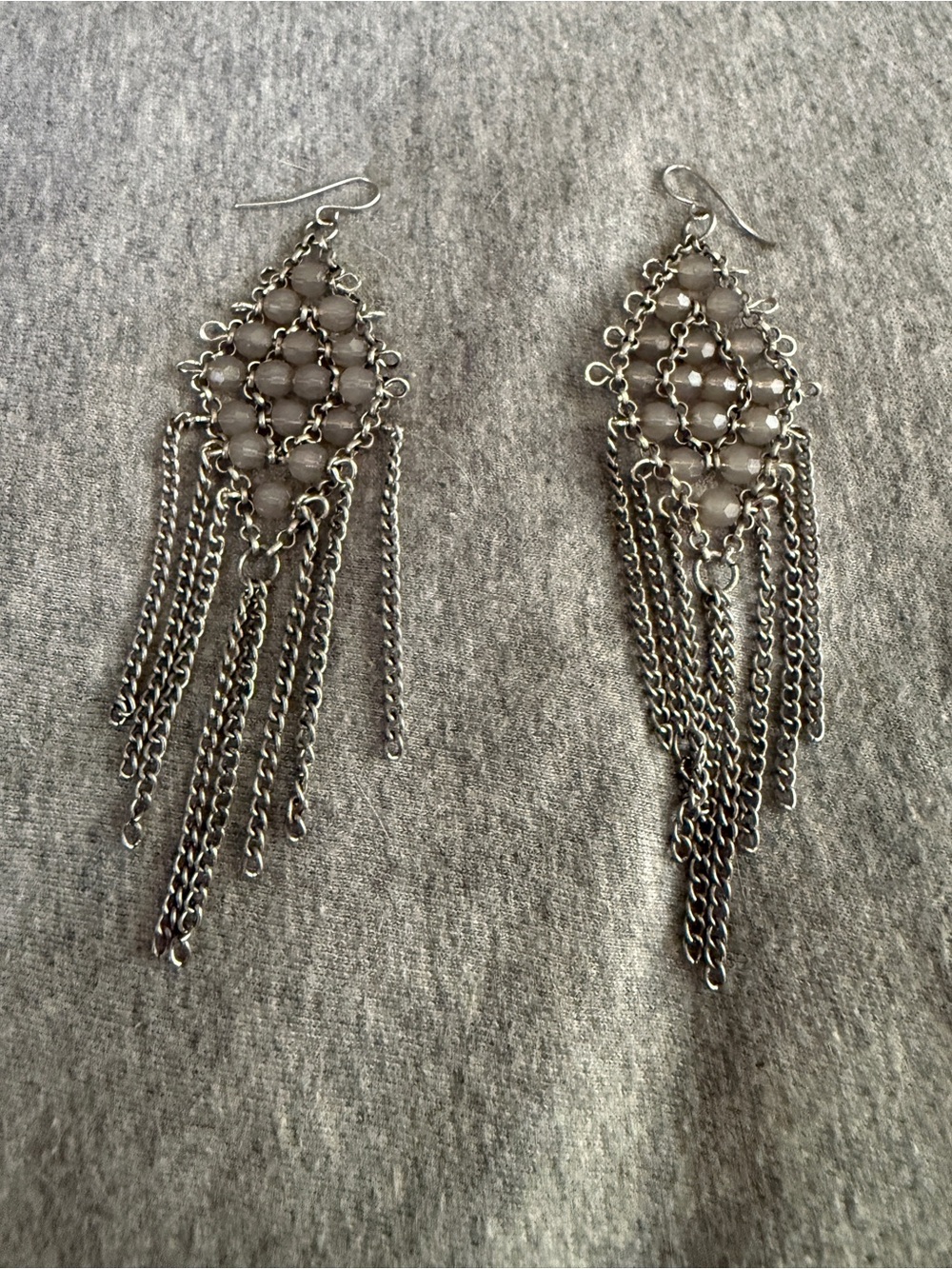 Gray Beaded Fringe Dangle Earrings - Women Jewelry